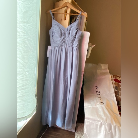 A-Line Lace Chiffon Floor-Length Dress in Dusty Blue - Picture 5 of 10